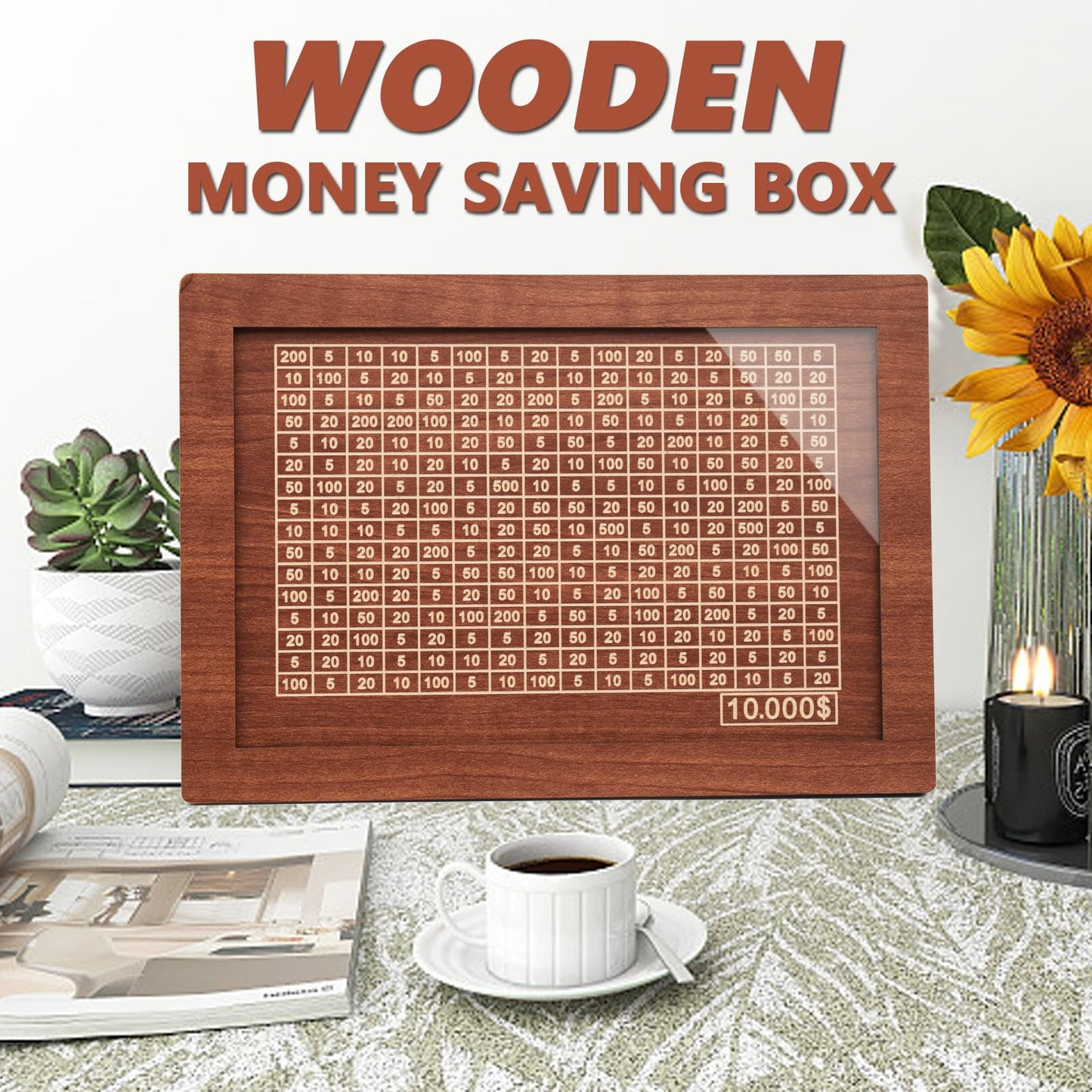 $10000 Cash Vault Wooden Savings Box,2024 New Wooden Savings Box With Money Target & Numbers,Retro Cash Saver Box, Reusable Coin