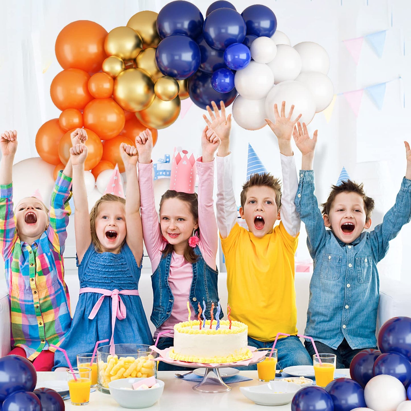 103 Pcs Balloon Arch Kit, Navy Royal Dark Blue Gold Orange Balloons Garland Kit, Metallic Chrome Latex Matte Balloons Different