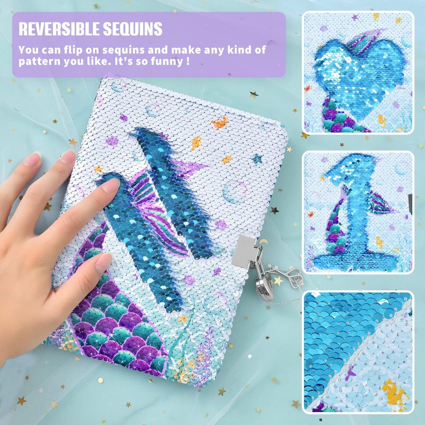 Wernnsai Mermaid Diary For Girls With Lock - Reversible Sequins Kids Journals Unique Mermaid Gift Diary For Girls Ages 6-8, Travel School Office Notebook Notepad A5 Diary