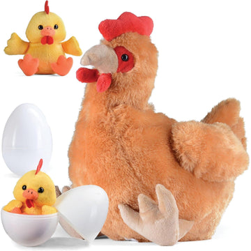 PREXTEX Plush Hen Toy with Two Plastic Easter Eggs & Baby Chicks - 17" Brown Plush for Kids 3-5 Years Old