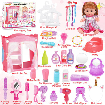 14' Baby Doll Toy Playset With Wardrobe Bed, 37Pcs Beauty Hair & Baby Doll Care Toy Set, Toddler Toy Pretend Play Doll Incl Hair Salon Kit, Doll Clothes, Baby Gift For 3 4 5 6+ Year Old Girl Toy