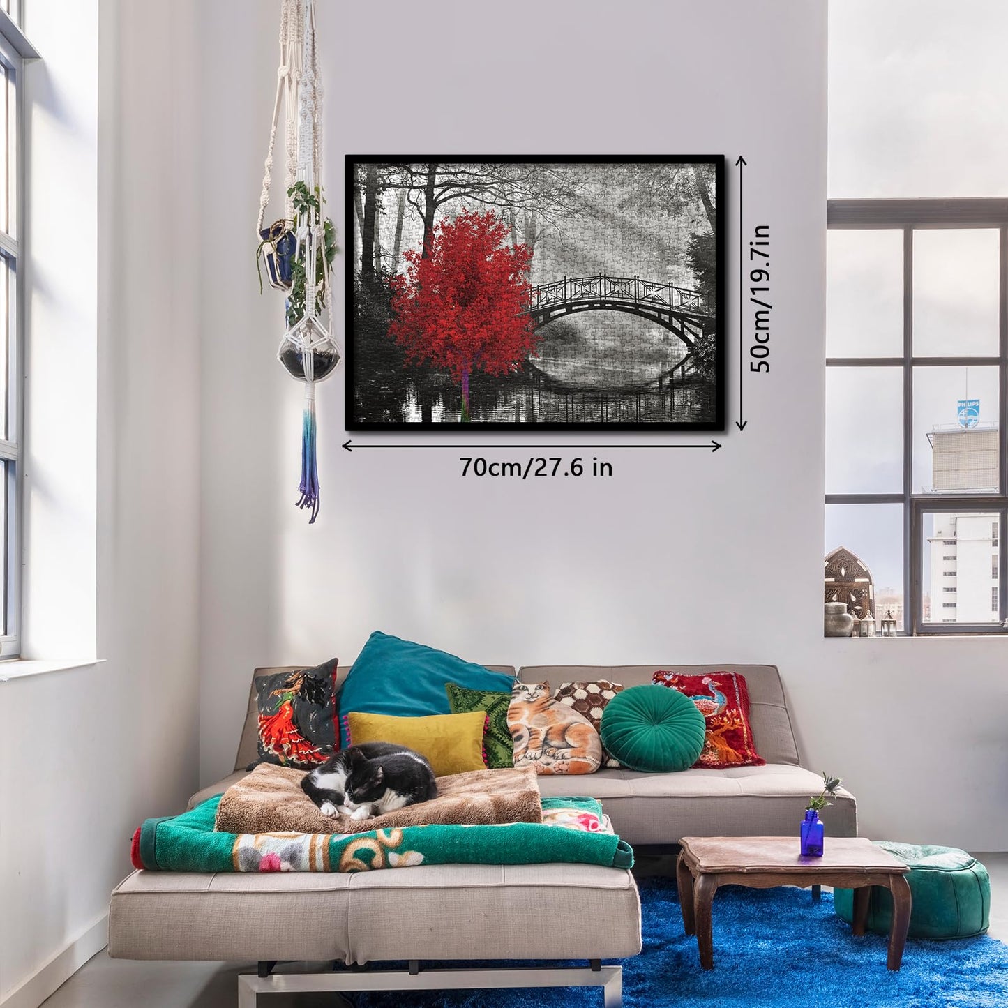 Scarlet Solitude Classic Puzzles For Adults 1000 Pieces, Black And White Bridge And Red Tree Jigsaw Puzzles, Wall Art Puzzles Fo