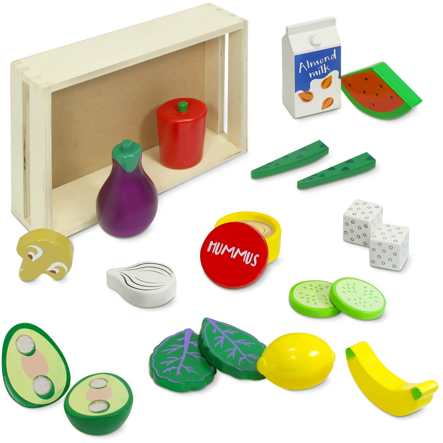 Kidzlane Wooden Vegan Toys with Wooden Crate | 20 Piece Wood Play Food Set for Kids Kitchen | Play Kitchen Accessories for Toddl