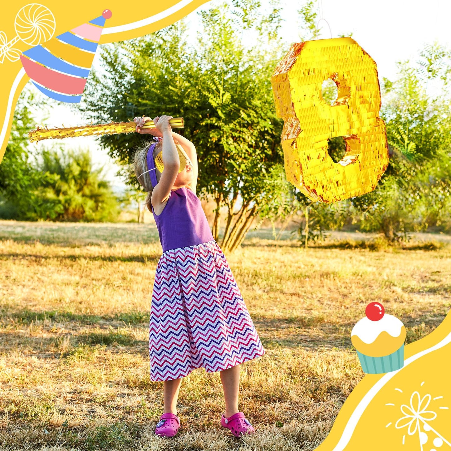 Sratte Number Piñata Birthday Piñata Decorations Gold Foil Piñata With Stick Blindfold Confetti For Boy Girl Birthday Party Decorations Anniversary Celebrations Fiesta Supplies(Number 8)