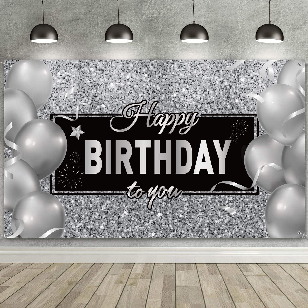 Silver Happy Birthday Banner Backdrop Black White Balloons Black and Silver Birthday Party Decorations Happy Birthday Background