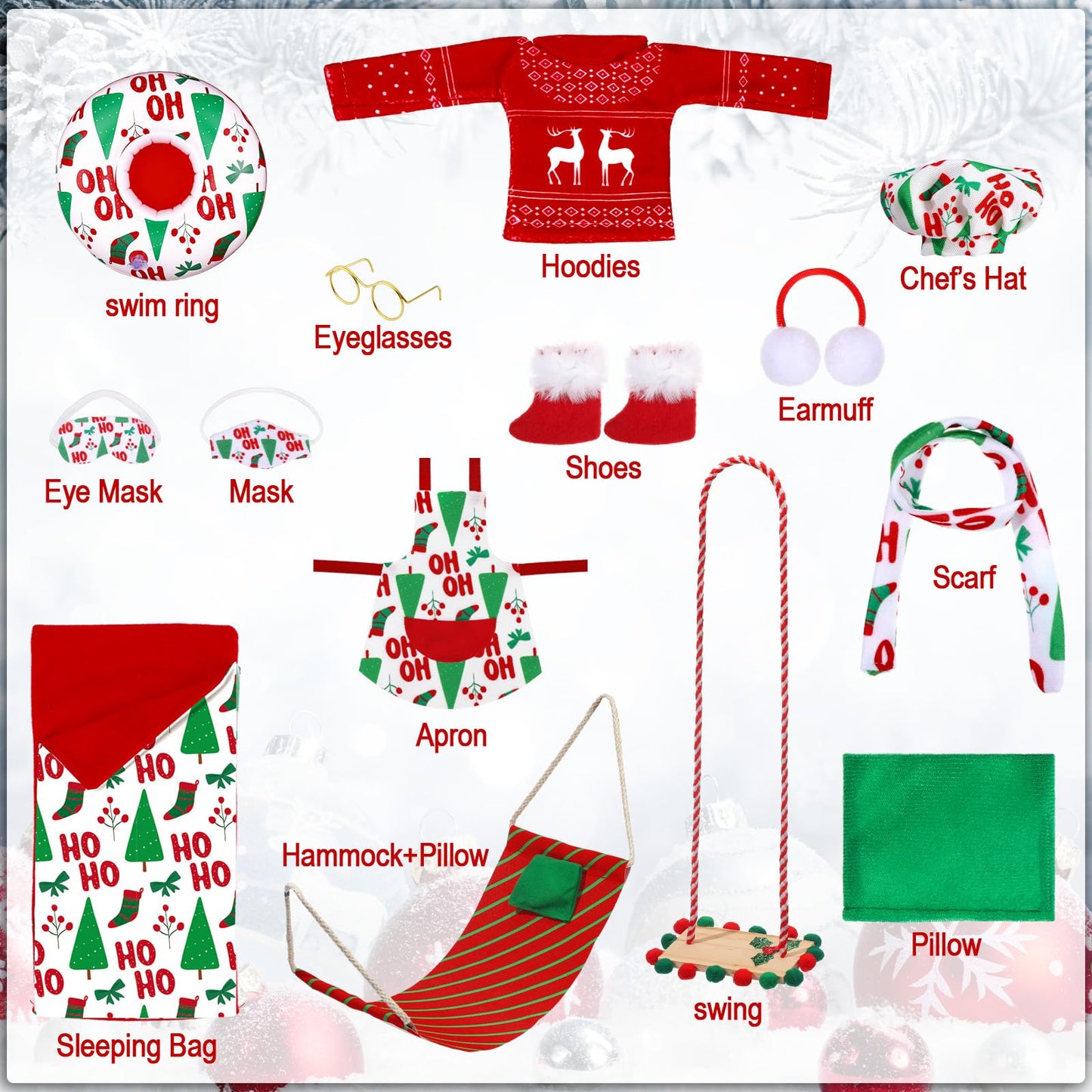 12 Pcs Christmas Elf Accessories Kits Include Christmas Doll Sleeping Bag Sweater Apron Chef Hat Scarf Earmuffs Eye Mask Snow Tu