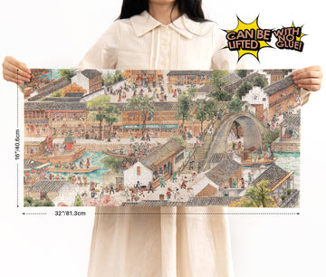 Puzzles For Adults 1000 Pieces, Momibook Jigsaw Puzzles Of Chinese Vintage Village Town Cat, Painting Image 81.3X40.6Cm(32''X16'