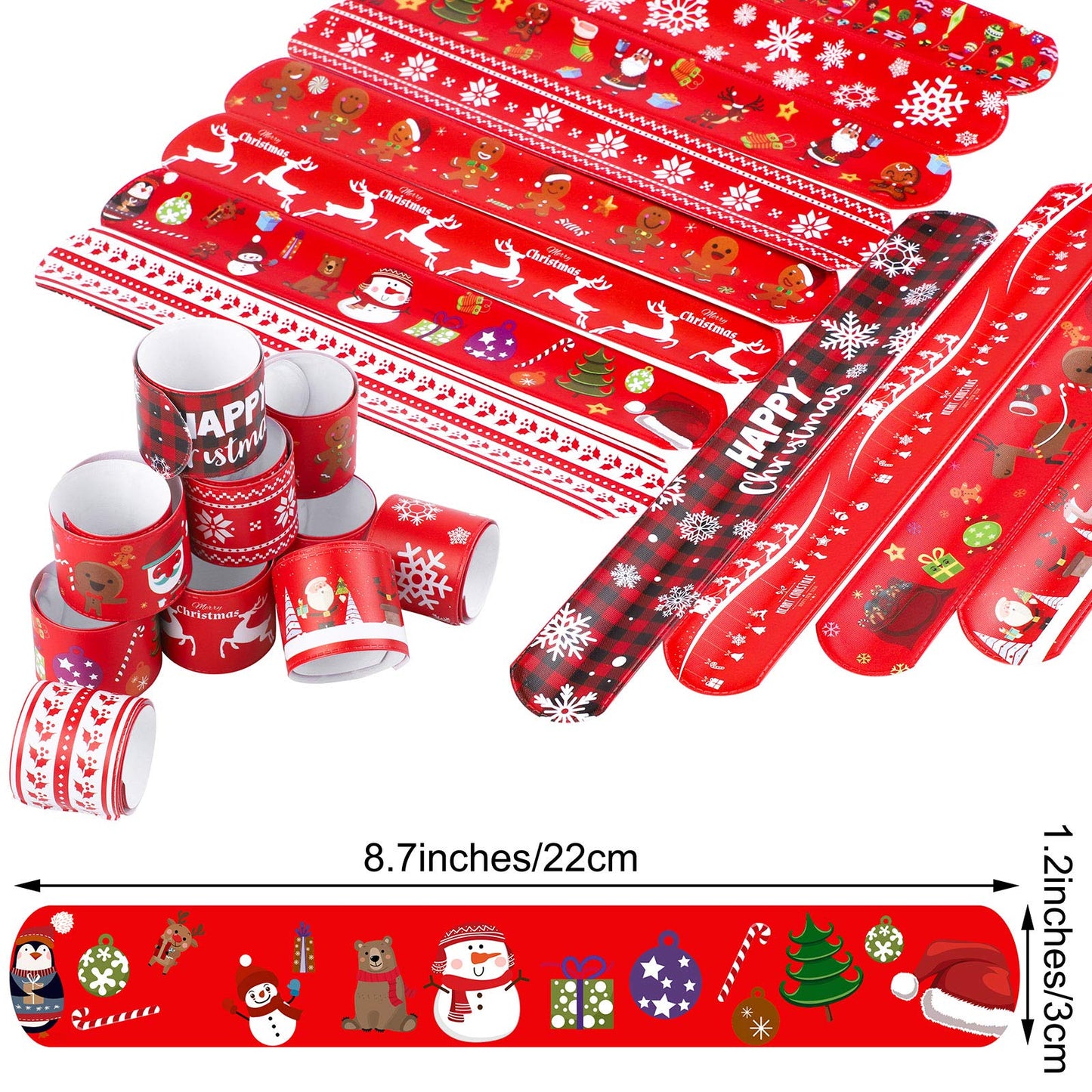 Elcoho 60 Pack Christmas Slap Bracelets Toys Xmas Slap Bands Santa Claus Snowman Reindeer Slap Wristband for Christmas Party Fav