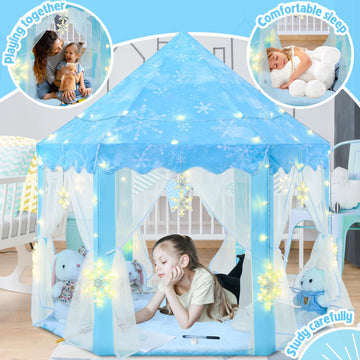 Evoionos Frozen Princess Tent For Girls, Play Tent With Large Snowflake Lights For Kids, Castle Playhouse For Children Indoor Ou
