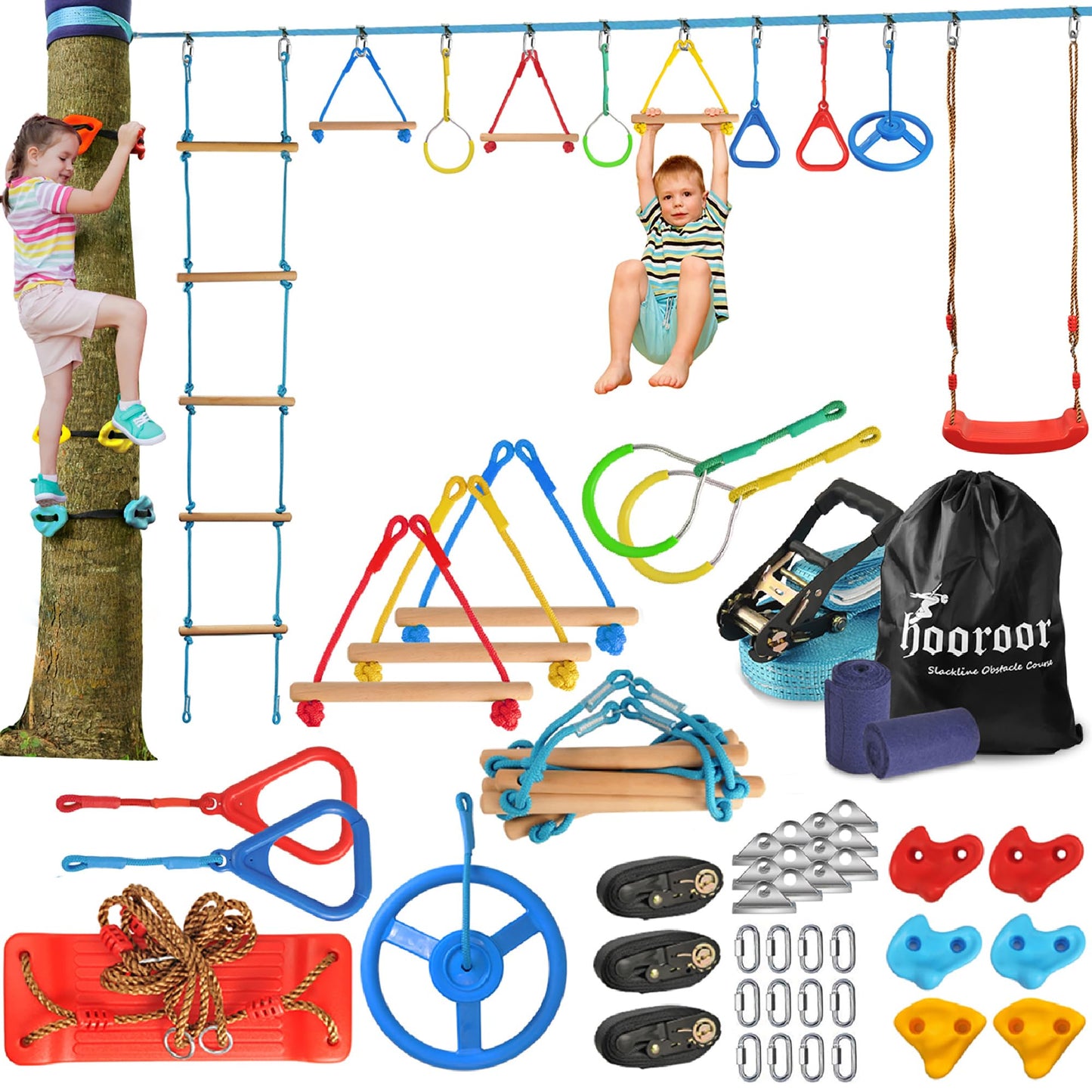 Hooroor Ninja Warrior Obstacle Course For Kids And Adults - 66Ft Slackline With Tree Climbing Rock Holds, Swing Seat, Monkey Bars, Ring Wheel, Rope Ladder - Outdoor Training Playset