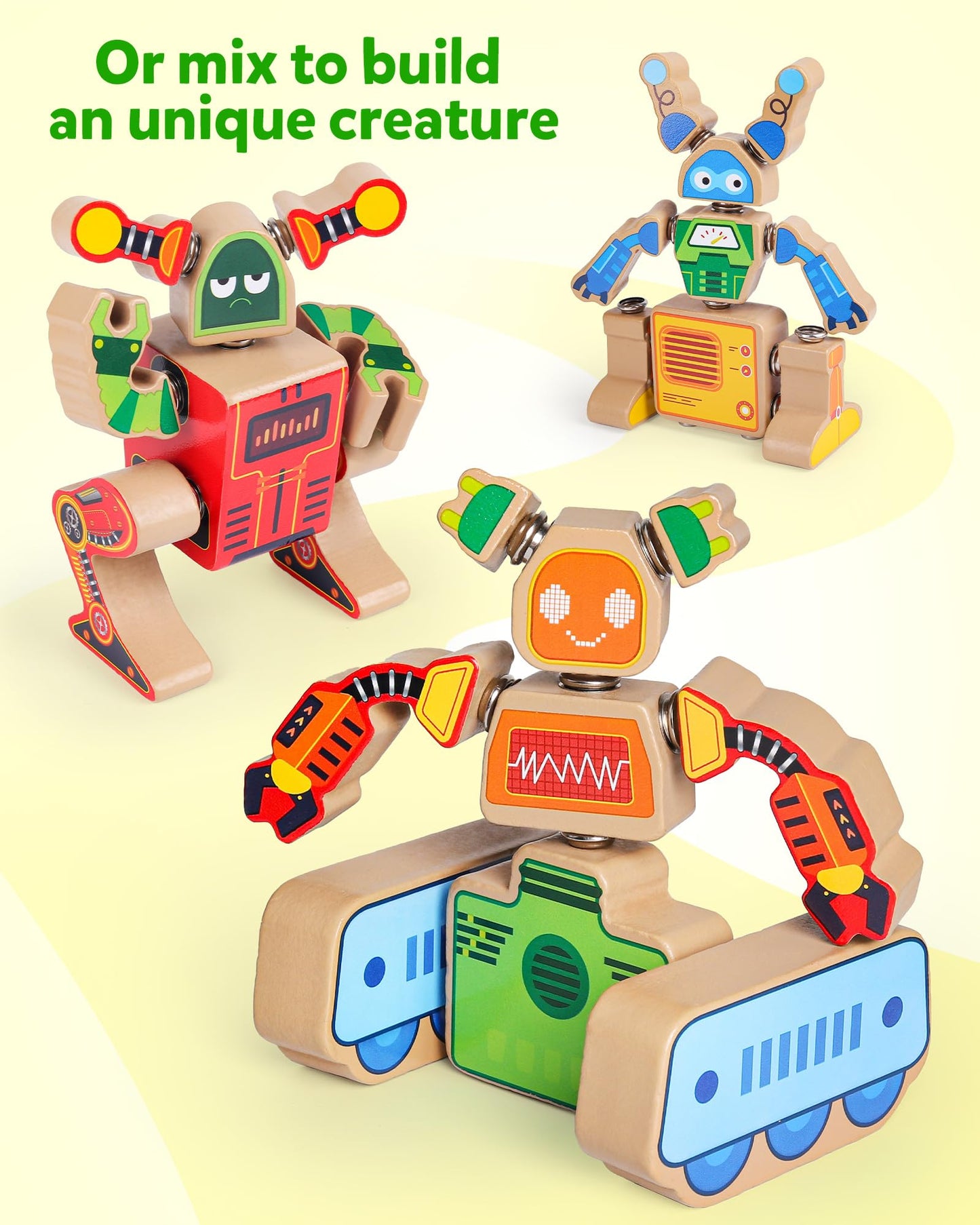 Coogam Fine Motor Building Robot Blocks For 3 4 5 Years Old Kids, Wooden Snap Together Robot Builders, Stem Take Apart Robot Playset, Educational Learning Toy Gift For Boys Girls