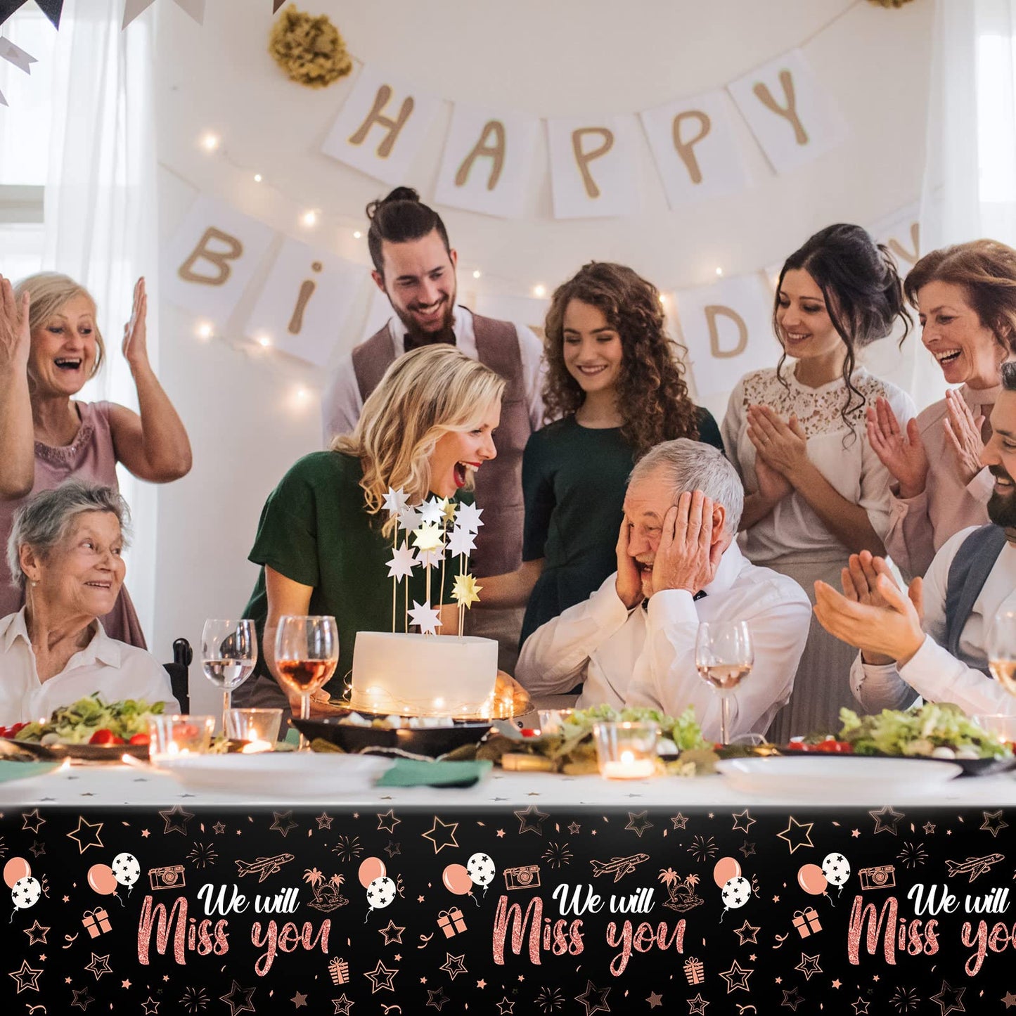 3 Pieces We Will Miss You Tablecloth Going Away Party Decorations Retirement Themed Table Cover Stars Disposable Plastic Table Cloth For Farewell Anniversary Party Supplies (Rose And Gold)
