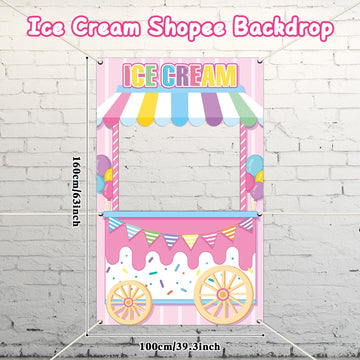 Ice Cream Shoppe Photo Prop Backdrop For Girl'S Ice Cream Birthday Party Decorations Fabric Sweet Ice Cream Backdrop Background Banner Birthday Party Supplies Ice Cream Party Favors 62.9 X 39.3 Inch