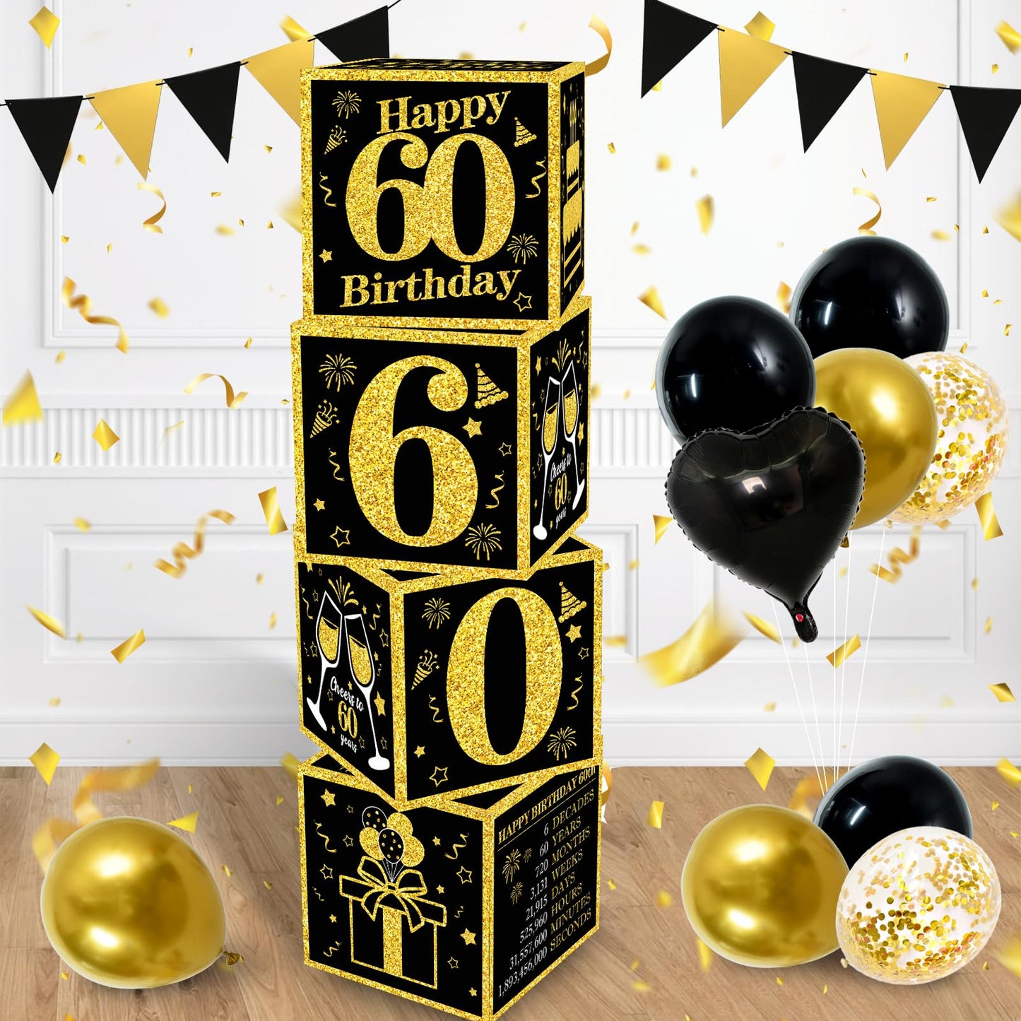 Toniful 4 Pcs 60Th Birthday Decorations Boxes For Men Women,Sixty Years Old Birthday Cardboard Box Party Supplies,Black And Gold