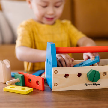 Melissa & Doug Take-Along Tool Kit, Wooden Construction Toy, 24 pcs, 10"x5.55"x4.75", Multi-color, Model 494
