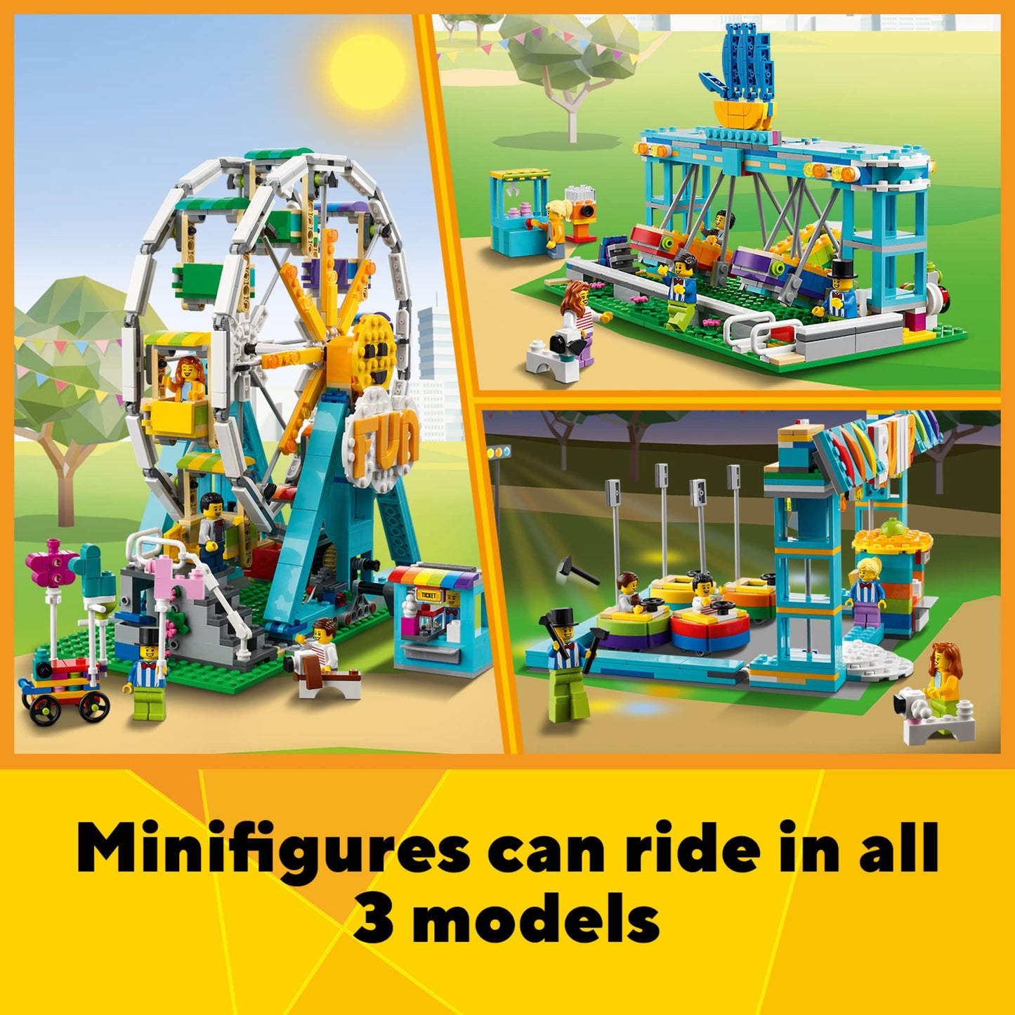Lego Creator 3In1 Ferris Wheel 31119 Building Kit With Rebuildable Toy Bumper Cars, Boat Swing And 5 Minifigures; New 2021 (1,002 Pieces)