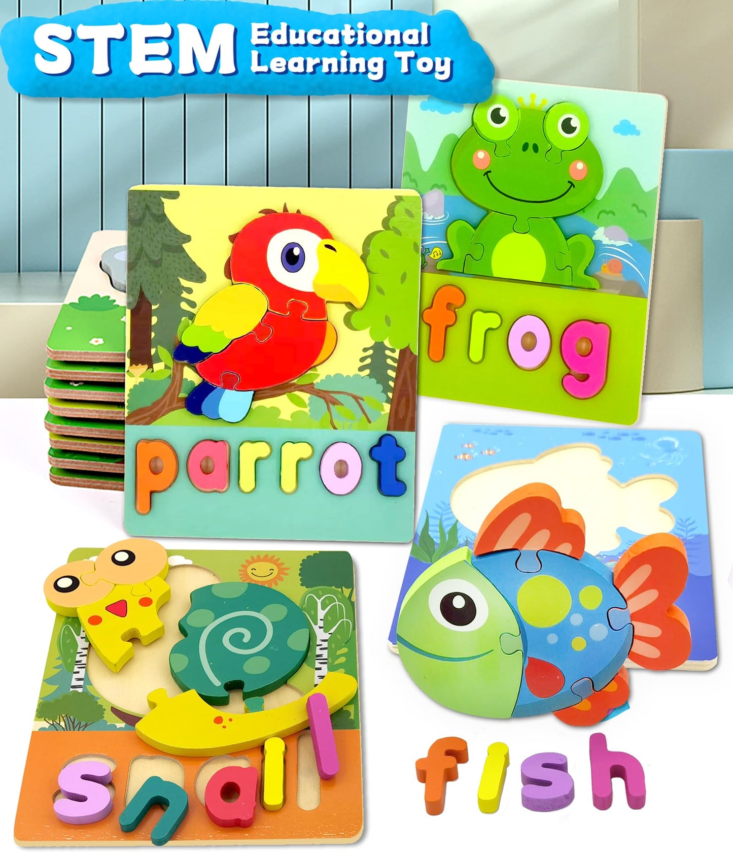 Aiziyuo Animal Wooden Puzzles With Letters Spelling, Montessori Toys For Toddlers 1-3, 8 Pack Baby Puzzle For Kids1 2 3+ Years O