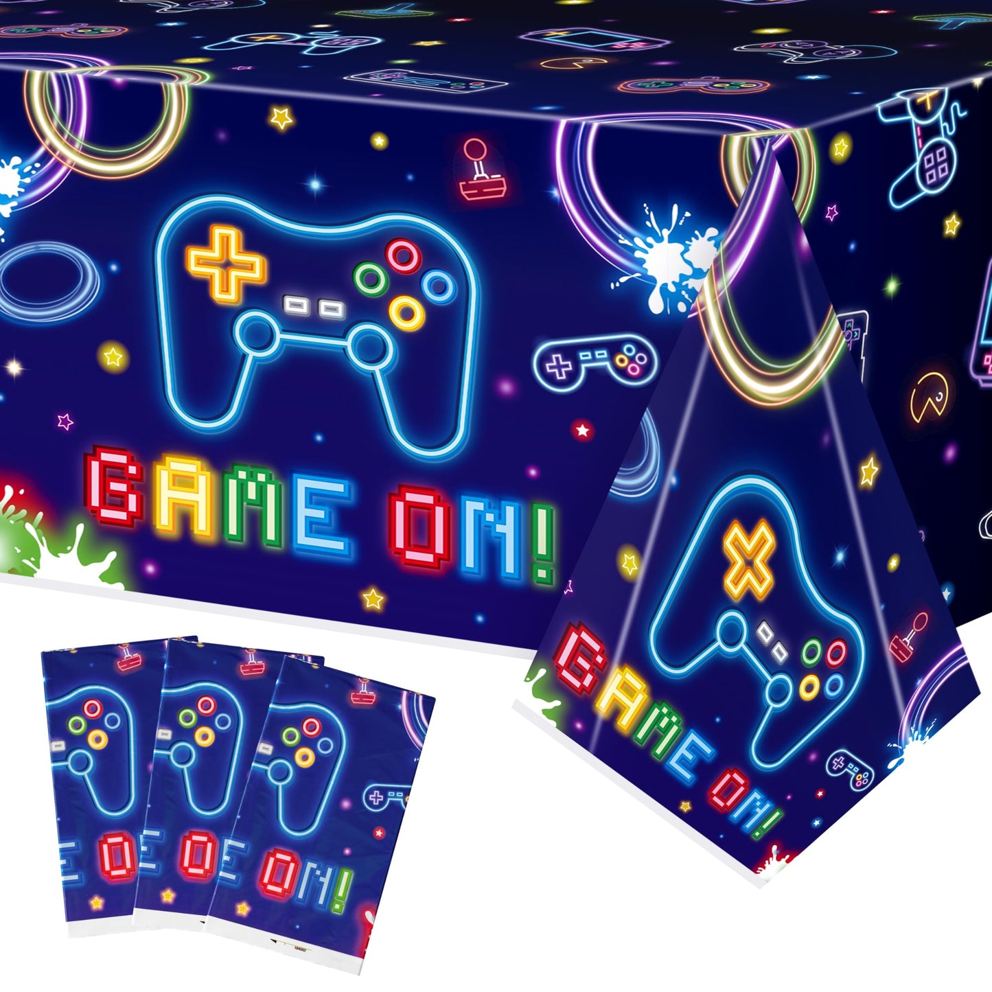Video Game Party Tablecloths - 3Pcs Neon Video Game Birthday Party Table Covers Decorations, Game on Themed Rectangular Plastic