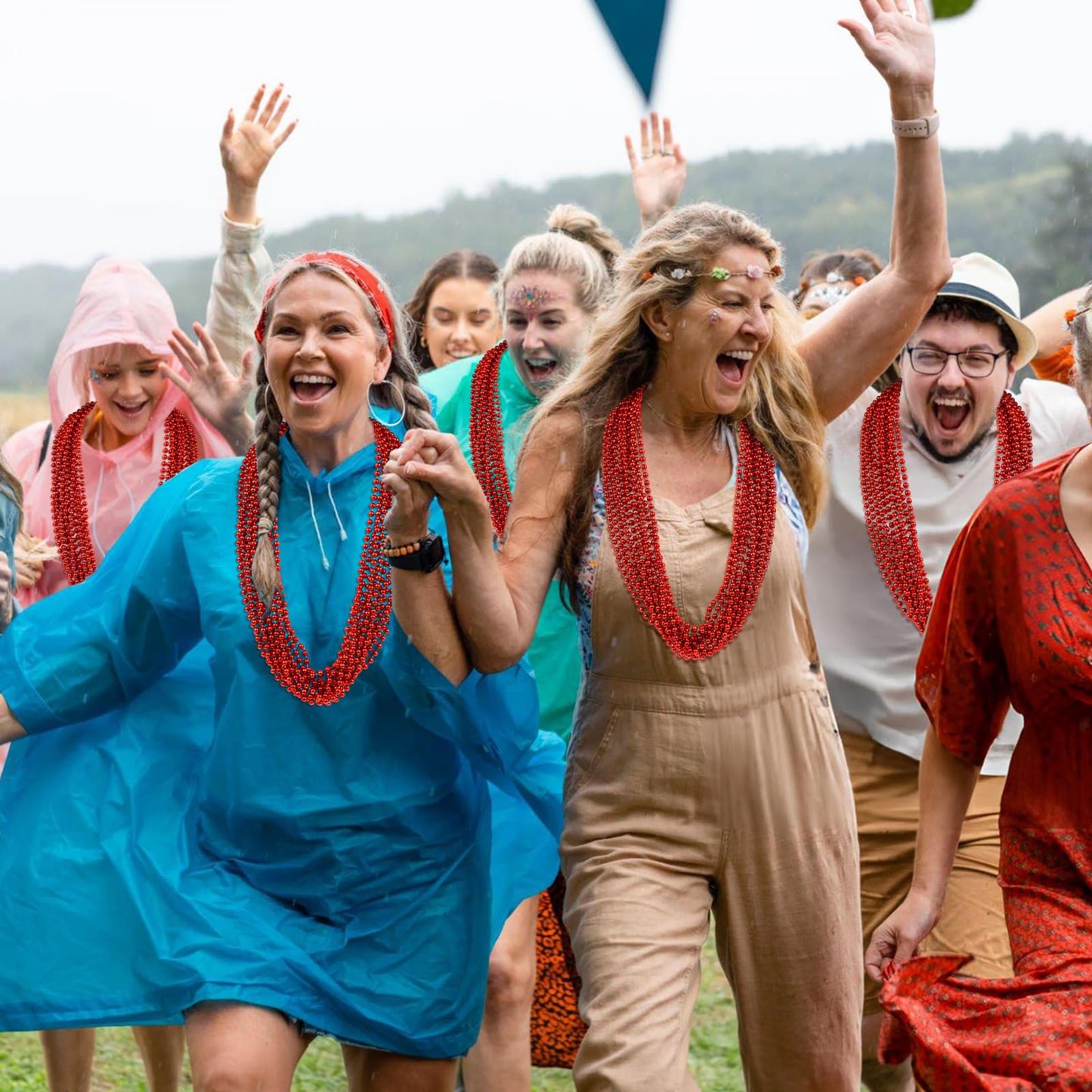 12 PCS Red Mardi Gras Beads, Red Beads Necklaces Christmas Necklaces 33'' Metallic Beaded Costume Necklaces Party Necklaces for