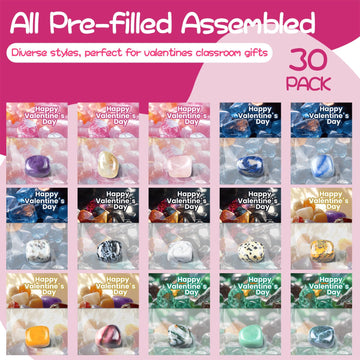 30 Pack Prefilled Valentines Cards & Crystal - Valentines Day Gifts for Kids Classroom - Gem Rock Valentines Day Cards for Kids
