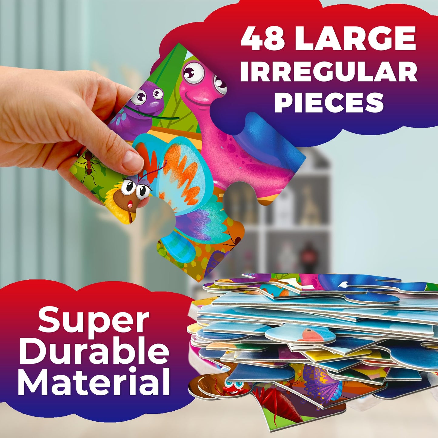 Quokka Giant Floor Puzzle For Kids Ages 4-6 – 2X3 Feet Extra-Thick 48 Pieces Toddler Puzzle Ages 3-5 – Bugs Educational Activity For Boys Girls – Premium Box With Sturdy Handle & Magnetic Closure