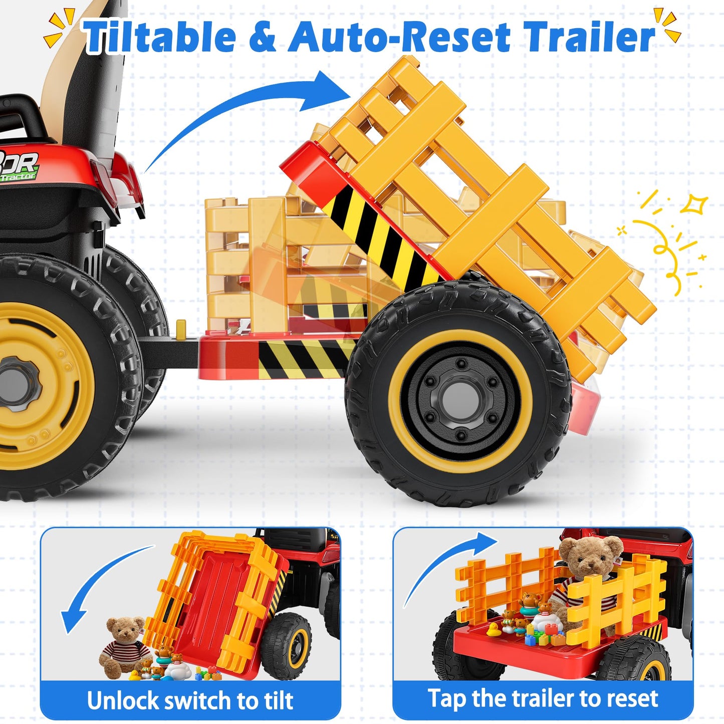 Arbeli 24V Ride On Tractor W/Tiltable & Detachable Trailer, 2X65W Motors, Eva Tires, Remote Control, Bluetooth, Shifter, Music,
