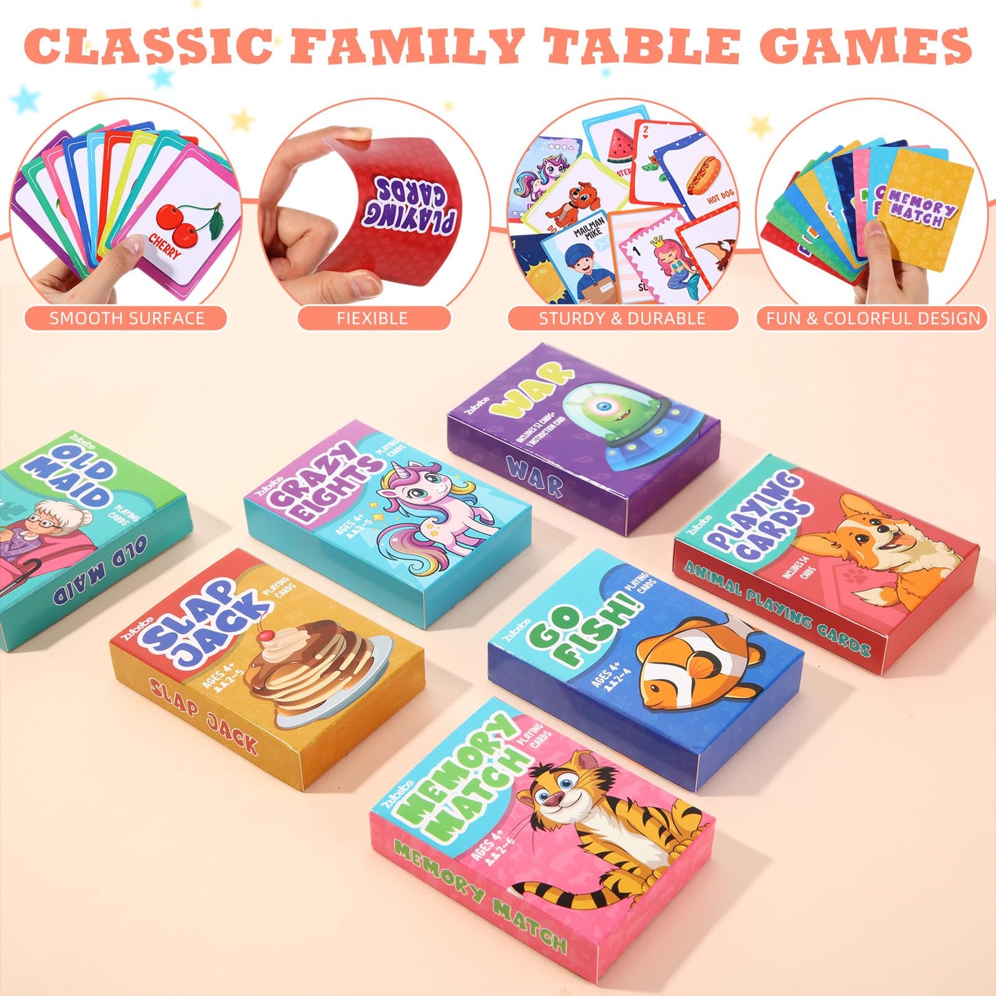 Zubebe 14 Pack Kids Card Games Bulk 7 In 1 Classic Playing Card Game Set For Kids Includes Go Fish,Old Maid,War,Crazy Eights,Mem