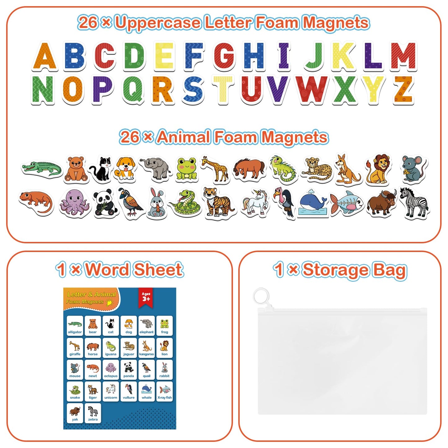 Kasfalci Magnetic Letters And Animals,52 Foam Objects,Refrigerator Fridge Magnets For Kids,Abc Magnets For Toddlers,Alphabet Lea