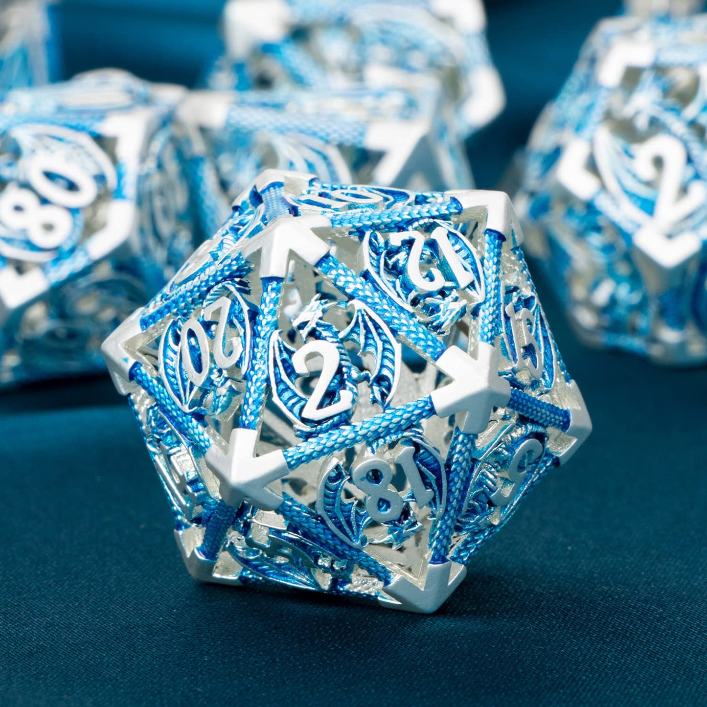 ARUOHHA Hollow DND Metal Dice Set 7 Pcs Blue D and D Dice for Dungeons and Dragons Role Playing Games D+D Polyhedral Dice RPG D&