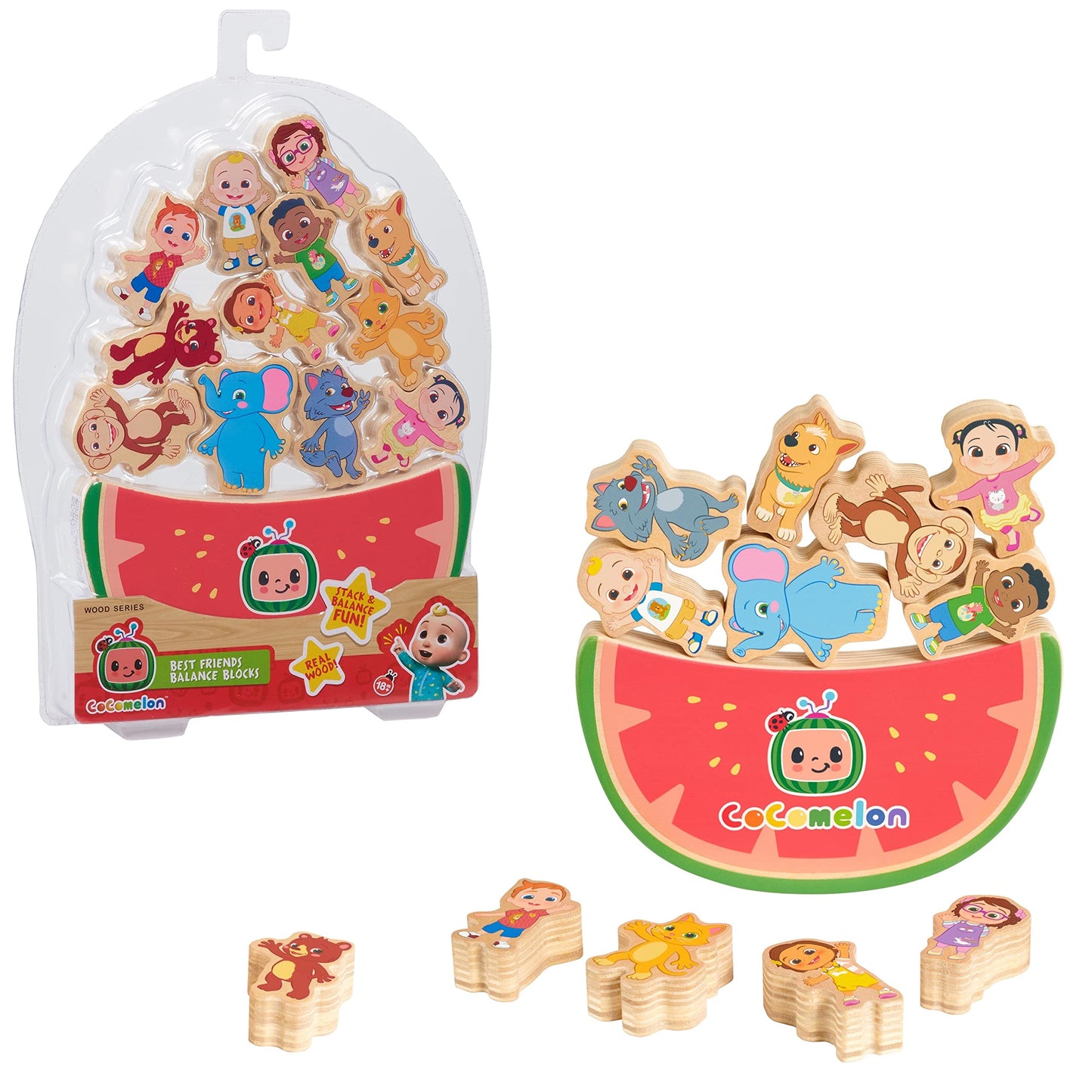 Cocomelon Best Friends Wooden Balance Blocks, Recycled Wood, Officially Licensed Kids Toys For Ages 18 Month By Just Play