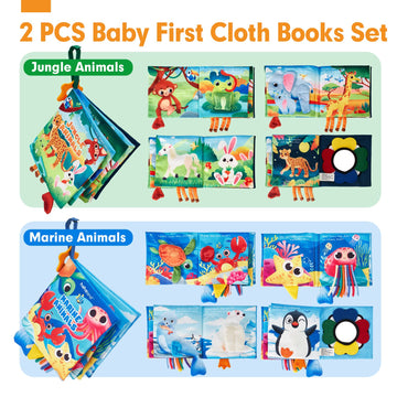 Hahaland Baby Books 0-6 Months - 2 Pcs Sensory Montessori Toys For Babies 0-6 Months With Crinkle Squeaky Sounds, Mirrors, Teethers - Soft Cloth Tummy Time Book Newborn Infant Toys