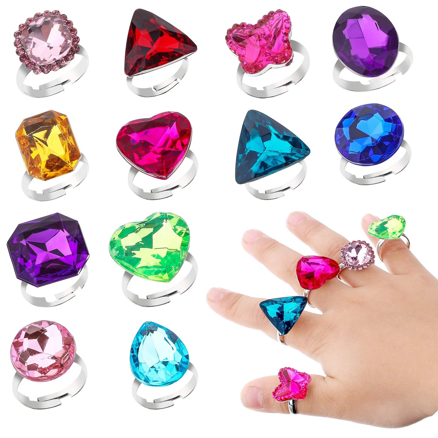 RICHNESS Adjustable Little Girl Jewel Rings Kids Gift Play Rings Multi Shapes Colorful Princess Pretend Jewel Rings Box Packed 1