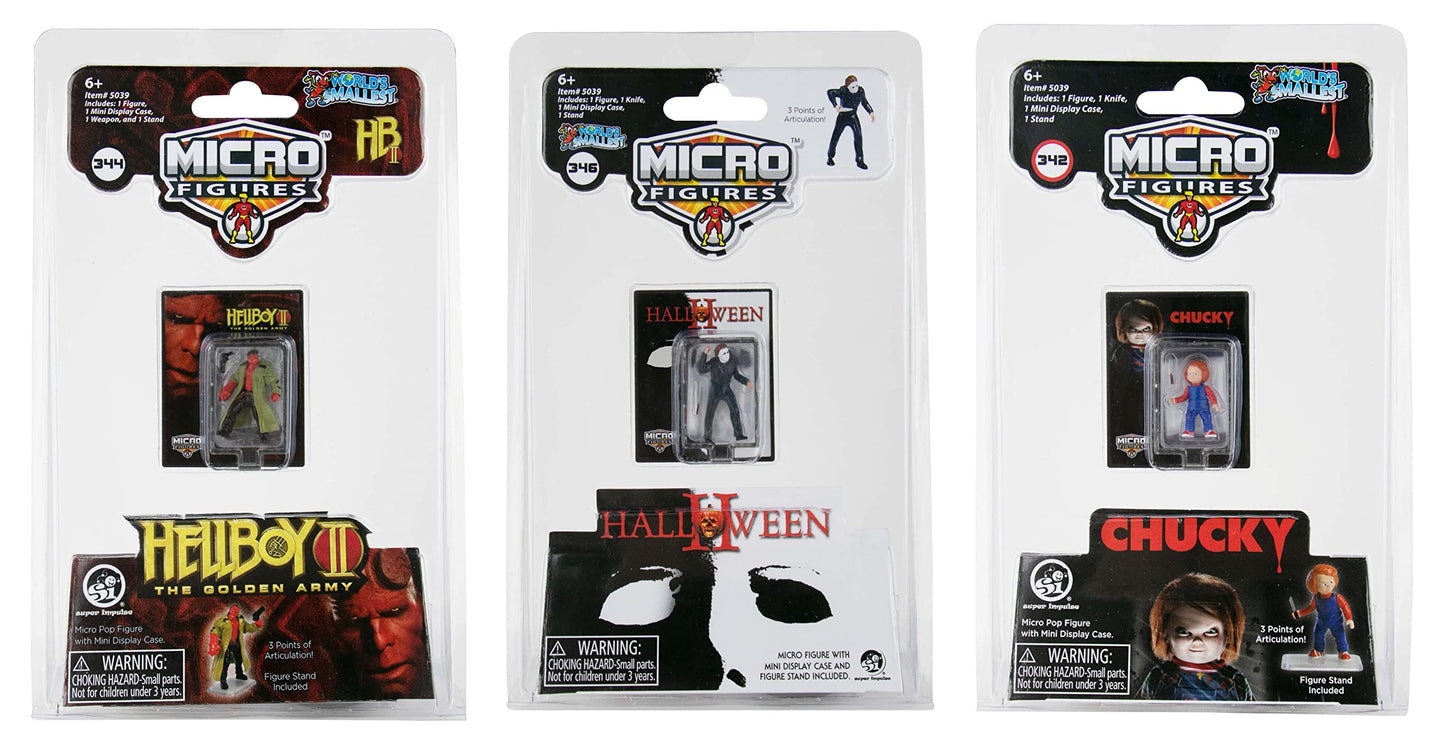 Worlds Smallest Universal Studios Horror Micro Action Figures 3-Pack (Chucky, Michael Myers, And Hellboy)