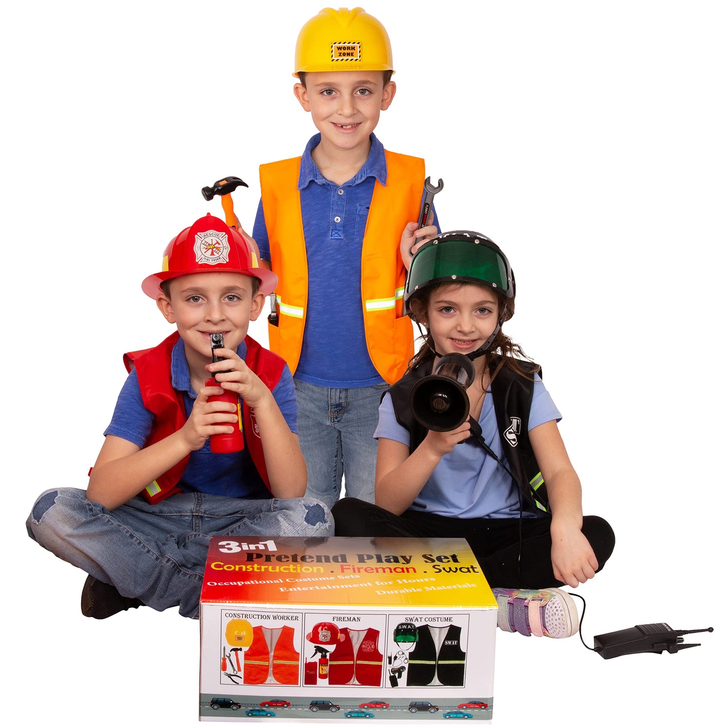 Tigerdoe Construction Costume For Kids - Construction Hat And Costume Vest - Dress Up Accessories For Children (3 Costume Sets - Construction, Swat And Fireman Costume)