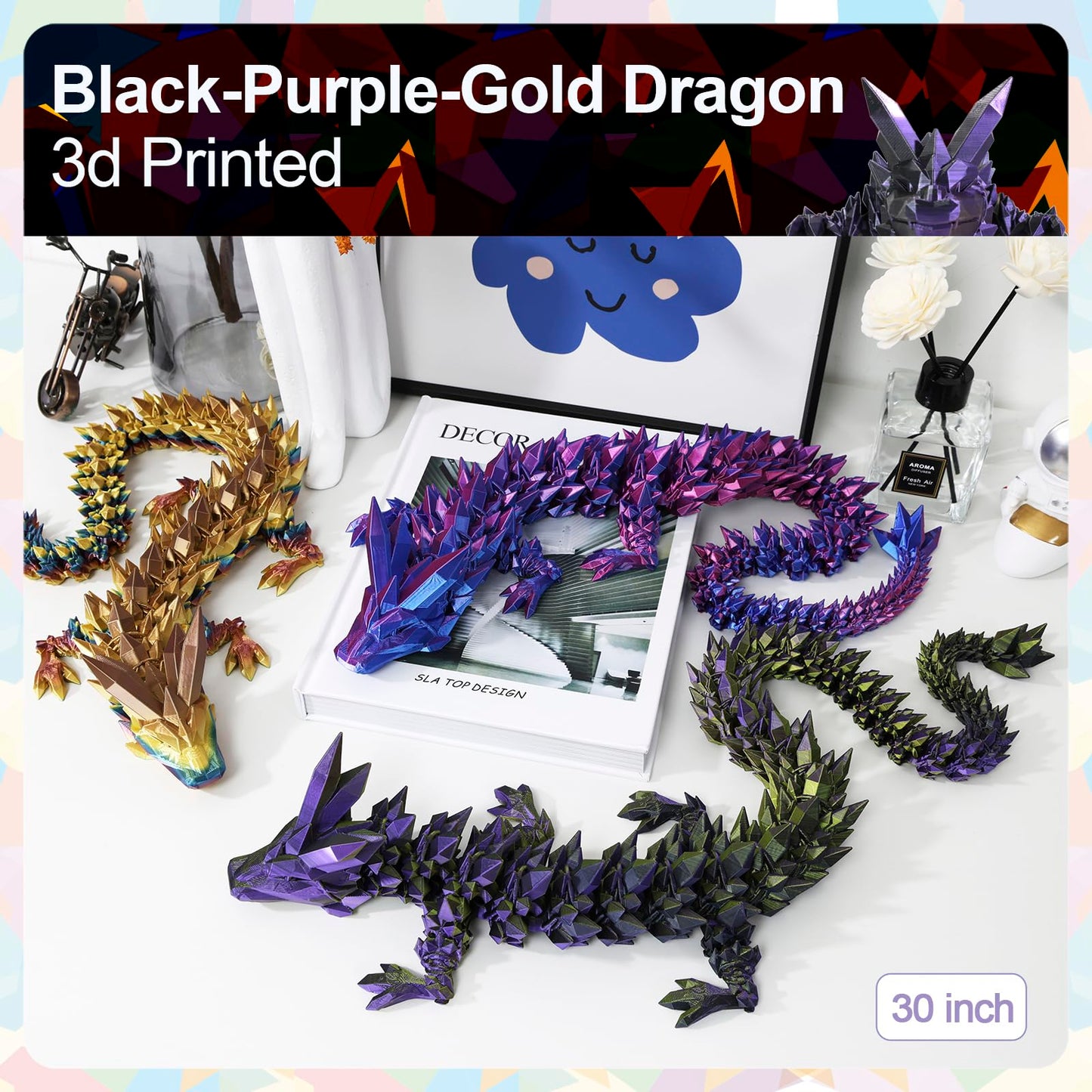 Meet Gladness 30 In 3D Printed Dragon, 30Inch Dragon,3D Dragon Toy,Large Dragon Present,Ariculated Crystal Dragon(Black Purple G