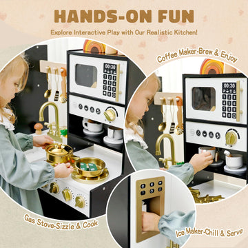 Wooden Play Kitchen Set for Kids - Interactive Pretend Toddler Kitchen Playset with 12 Kitchen Toy Accessories, Perfect for Ages