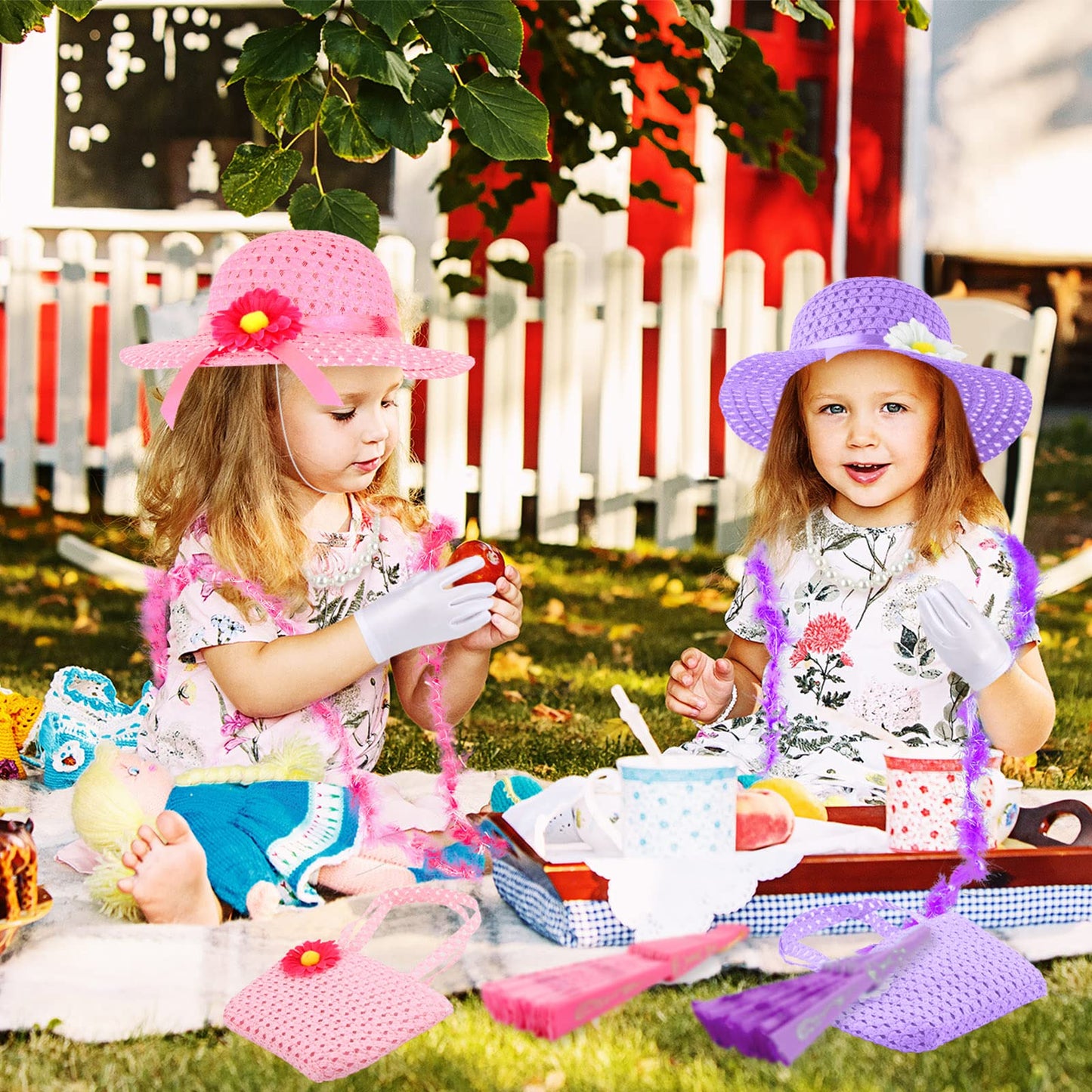 48 Pcs Girls Tea Party Dress Up Playset Includes Toddler Tea Party Gloves And Hat Feather Boa For Kids Dress Up Purses Handheld Fans For Girls Kids Birthdays Easter Party Supplies Accessories