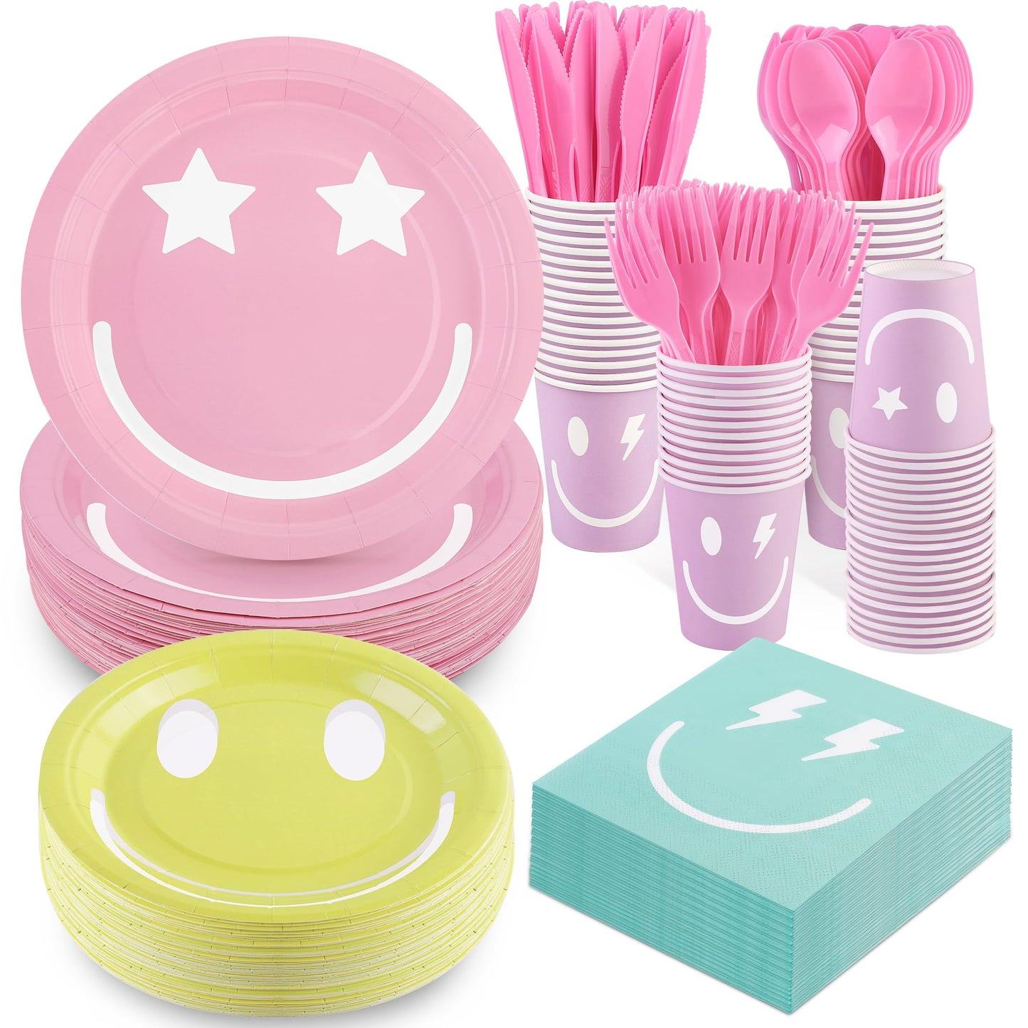 Durony 350 Pieces Preppy Smile Face Party Decorations Pastel Party Supplies Include Smiley Paper Plates Napkins Cups Forks Knive