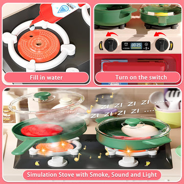 Hitish Kids Kitchen Playset Set, 63Pcs Pretend Play Kitchen Toys For Toddlers, Cooking Stove With Steam Sound Light, Play Sink W