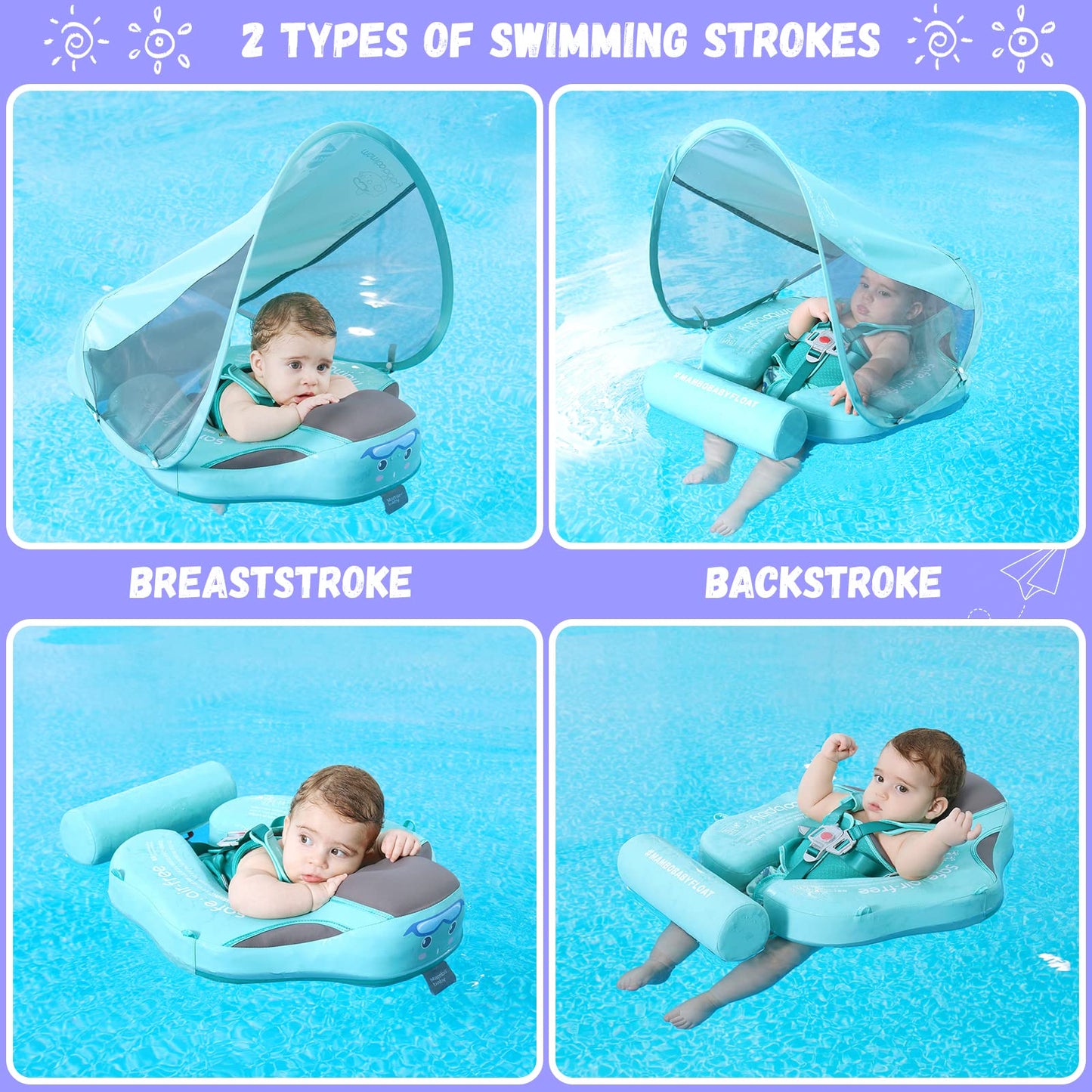 Genteaco Newest Mambobaby Baby Swim Float With Canopy Non-Inflatable Infant Pool Float With Tail 3-24 Months Avoid Flip Solid Sk