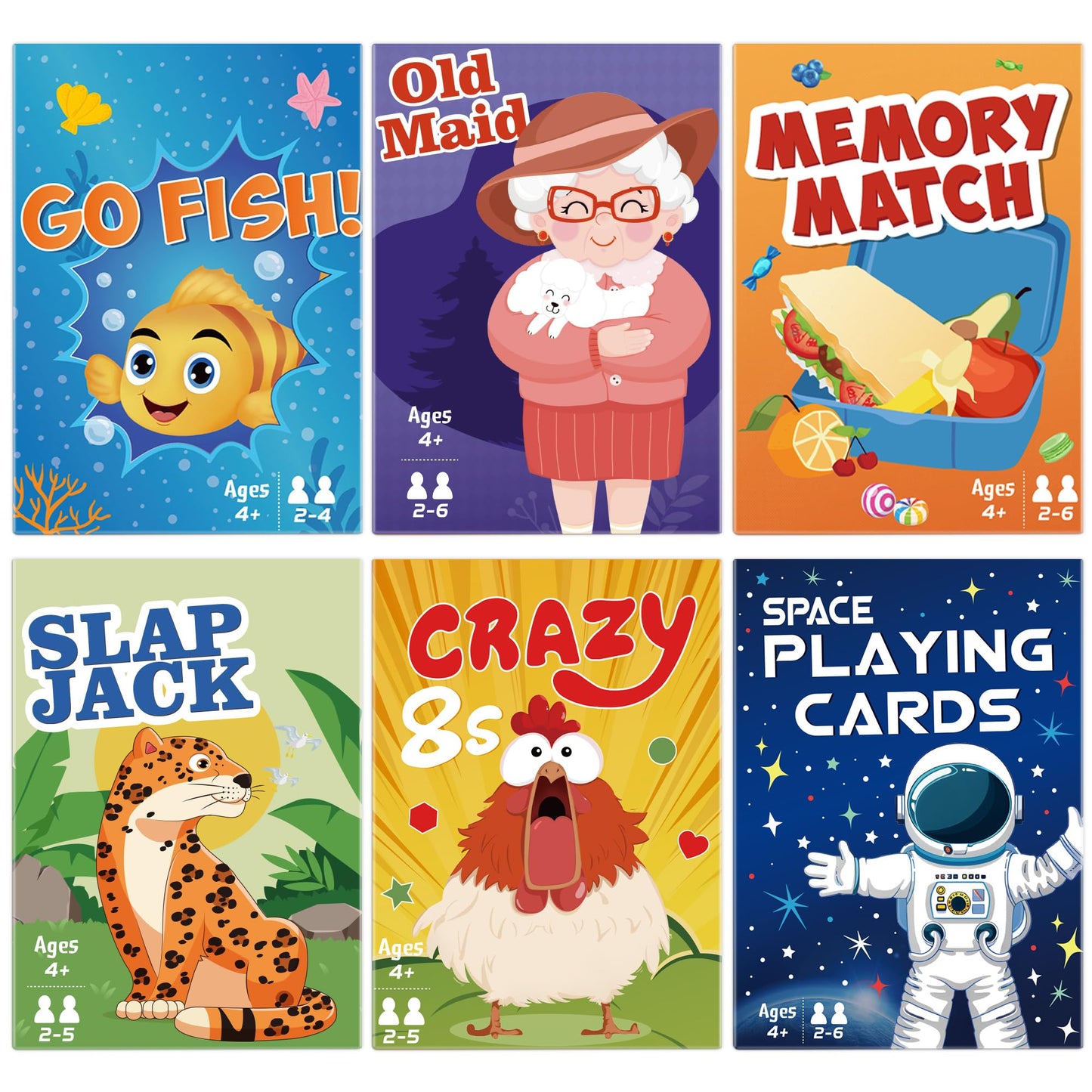 Card Games,6 Decks,Go Fish,Old Maid,Crazy 8S,Memory Match,Slap Jack,Space Playing Cards,Fun Game Cards For Kids Toddlers And Adu