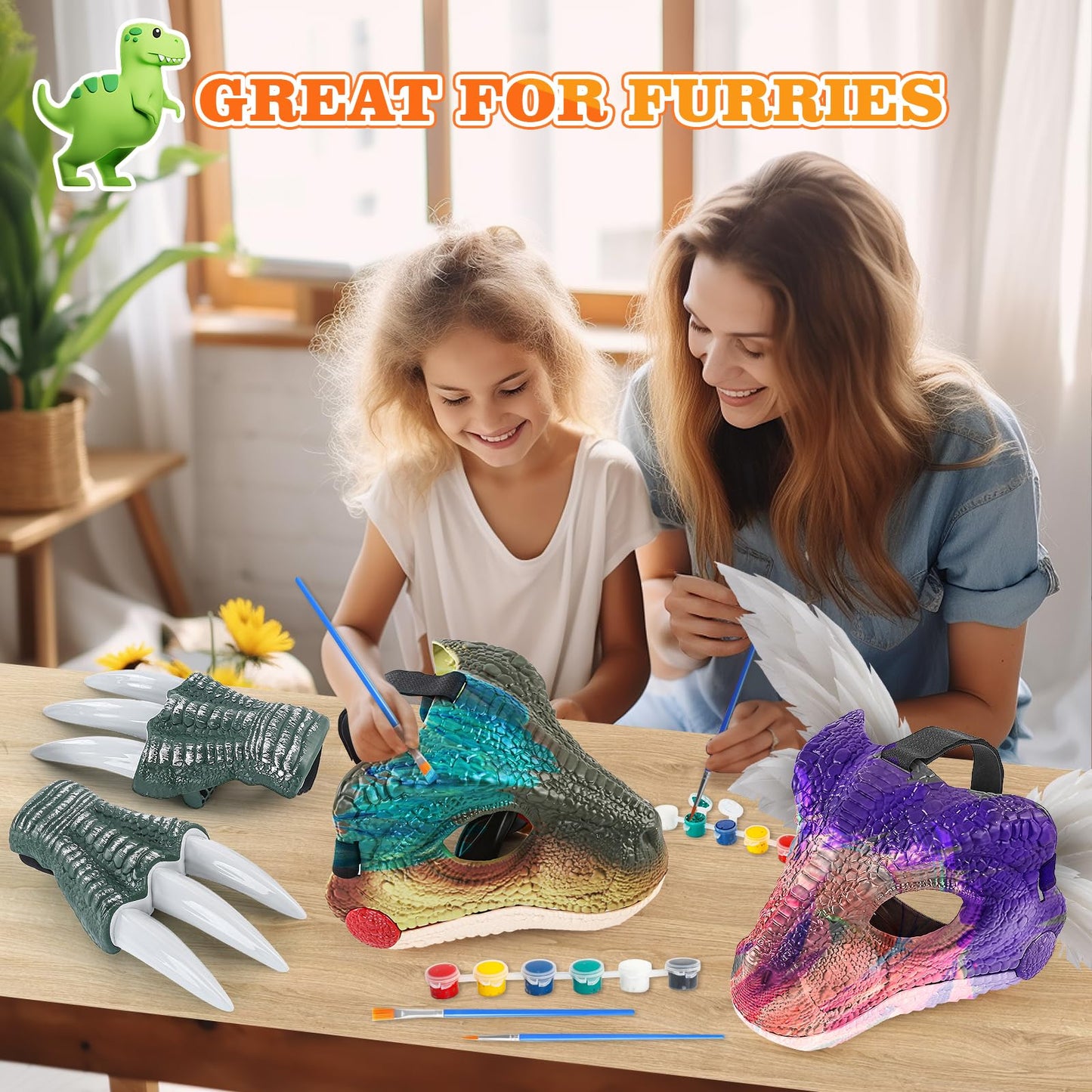 PaLeyFer Hard Plastic Dino Mask, 3 in 1 with Claws and Paints, Dinosaur Costume for Furry Girls Boys, Dinosaur Toys with Sounds