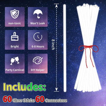 Taikula 60 Pack 8 White Glow Sticks Bulk with 60 Connectors Neon Glow In The Dark Party favors Supplies for Holiday Birthday
