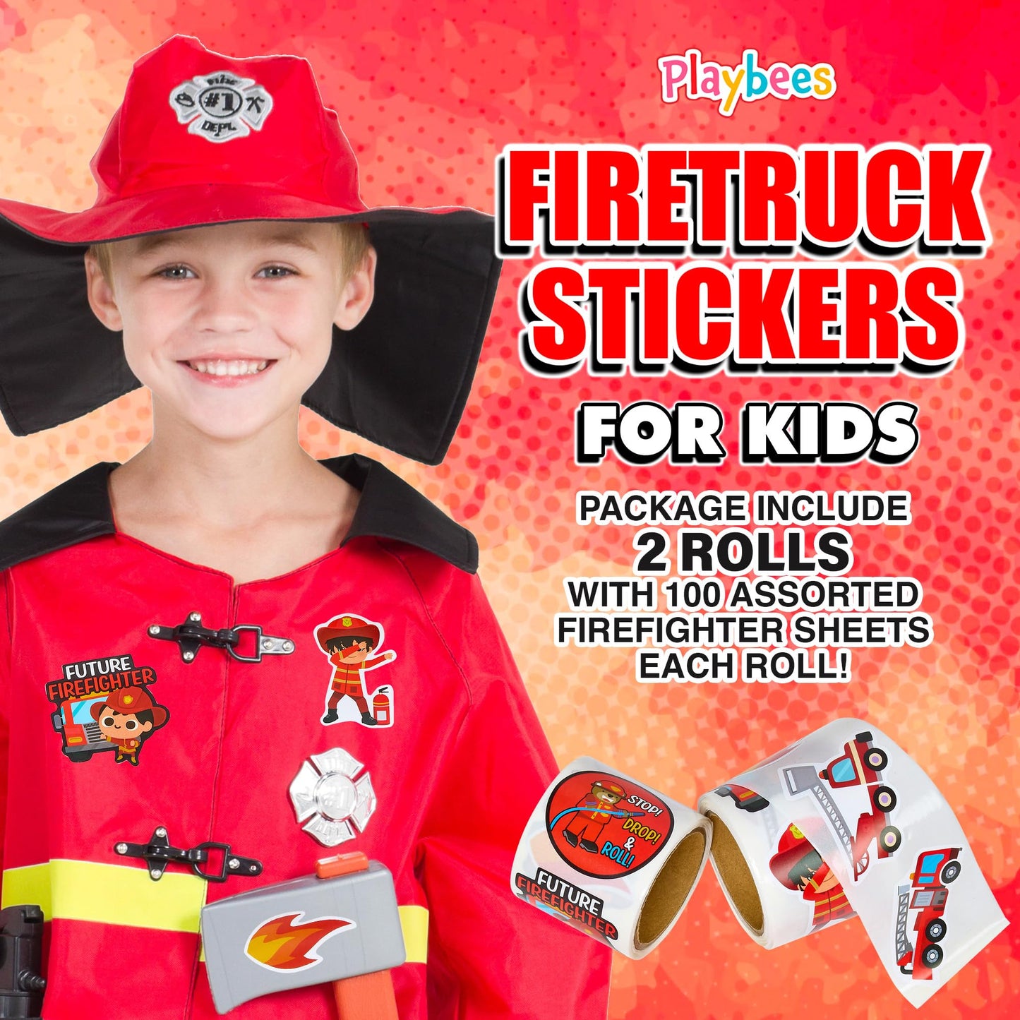 Playbees Firetruck Stickers - 2 Rolls - Kids' Party Favors, Game Prizes, Novelty Toys, Wall Decor, Scrapbooking, Girly Collectio