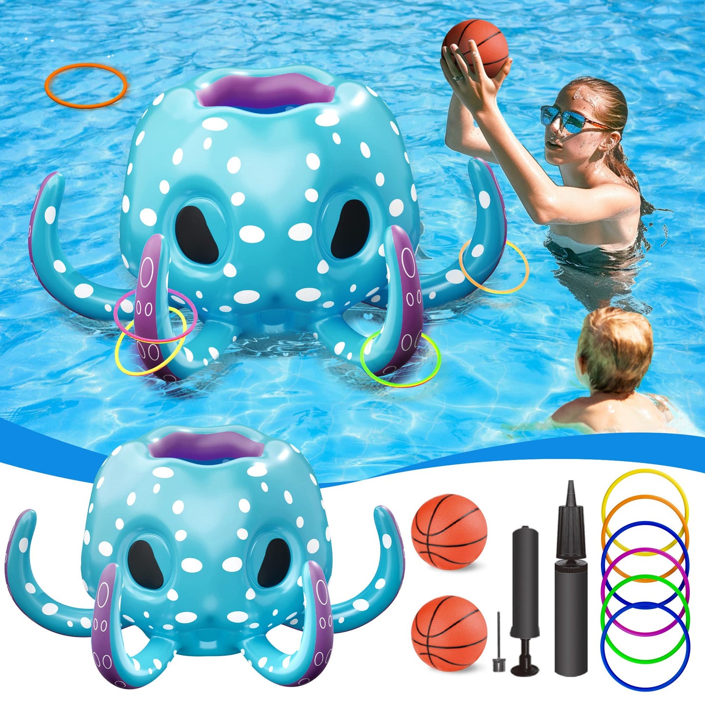 Iplay, Ilearn Pool Wave Kids Octopus Pool Toys, 2-In-1 Inflatable Float Water Game, Basketball Hoop Ring Toss Outdoor Swim Play, Cool Summer Family Party Gift 3 4 5 6 7 8 Year Old Boy Girl Child-Blue