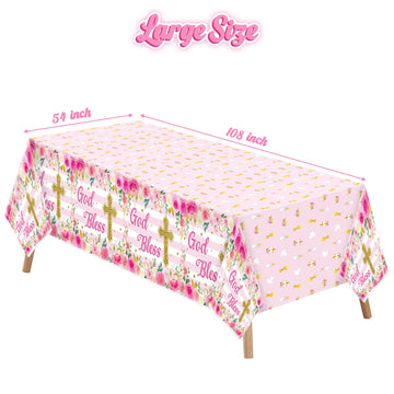 Bkeecten 3 Packs Pink Baby Girl Baptism Party Tablecloths Decorations Flower Theme Disposable Plastic Waterproof Rectangle God B