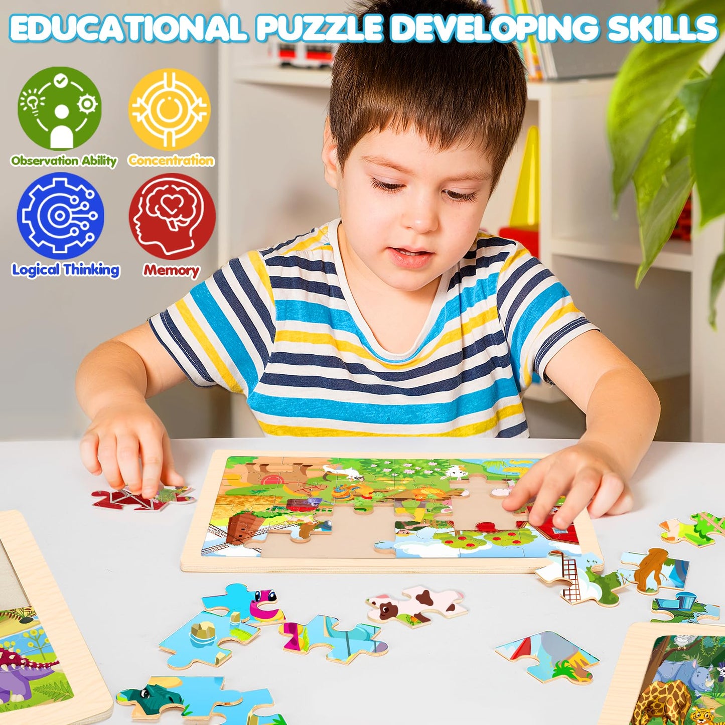 Wooden Animals Puzzles For Kids Age 3 4 5 Year Old, 4 Pack 24 Pcs Montessori Toddler Jigsaw Puzzles For Girl Boy Activities Pres