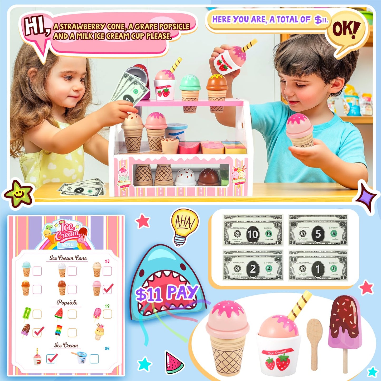 Loscola Ice Cream Toy, Wooden Ice Cream Toys for Kids Toddlers, Pretend Play Kitchen Food Toys, Ice Cream Counter Shop Playset f