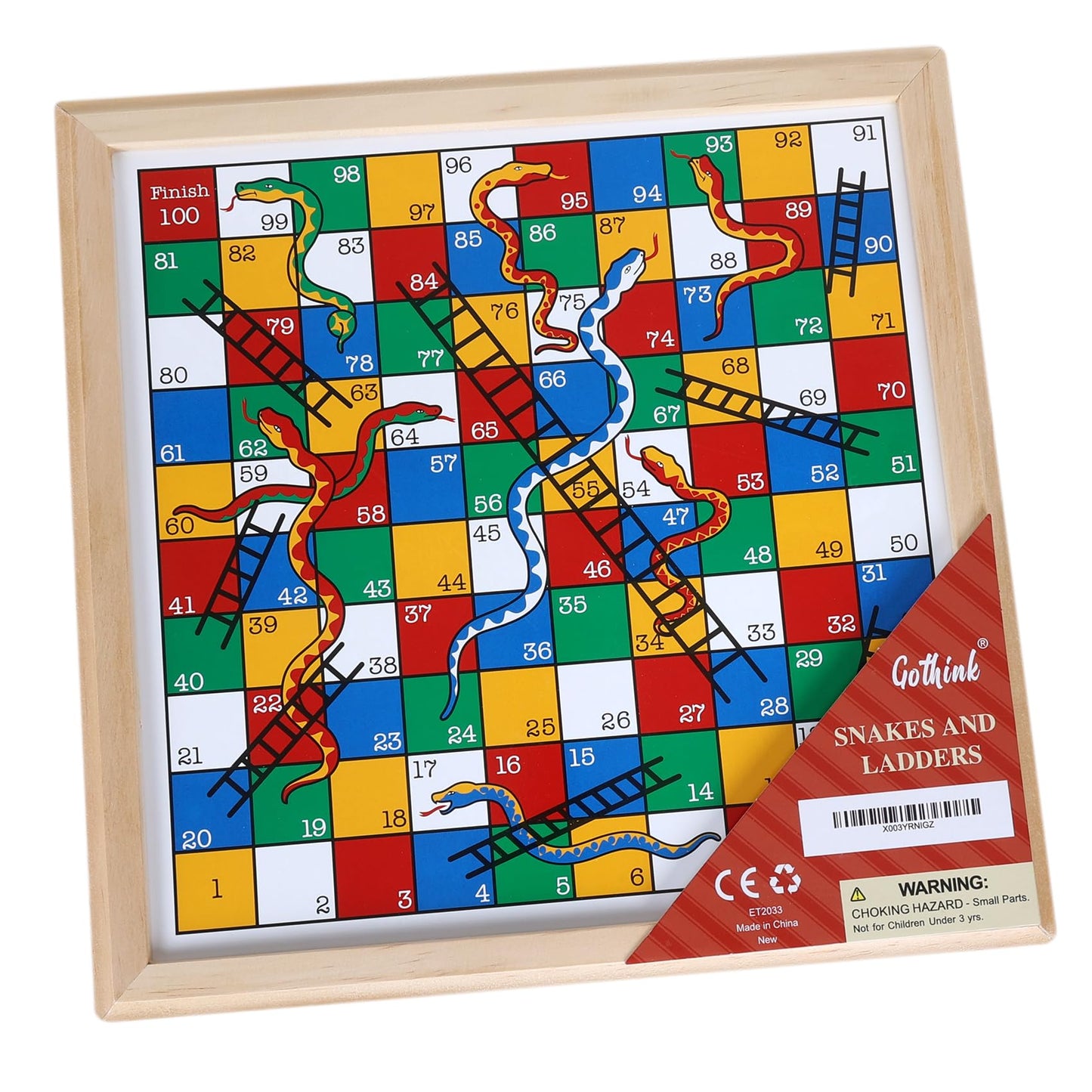 Gothink Wooden Snakes And Ladders Game - Educational Board Game For Kids And Adults - Includes Counters & Dice