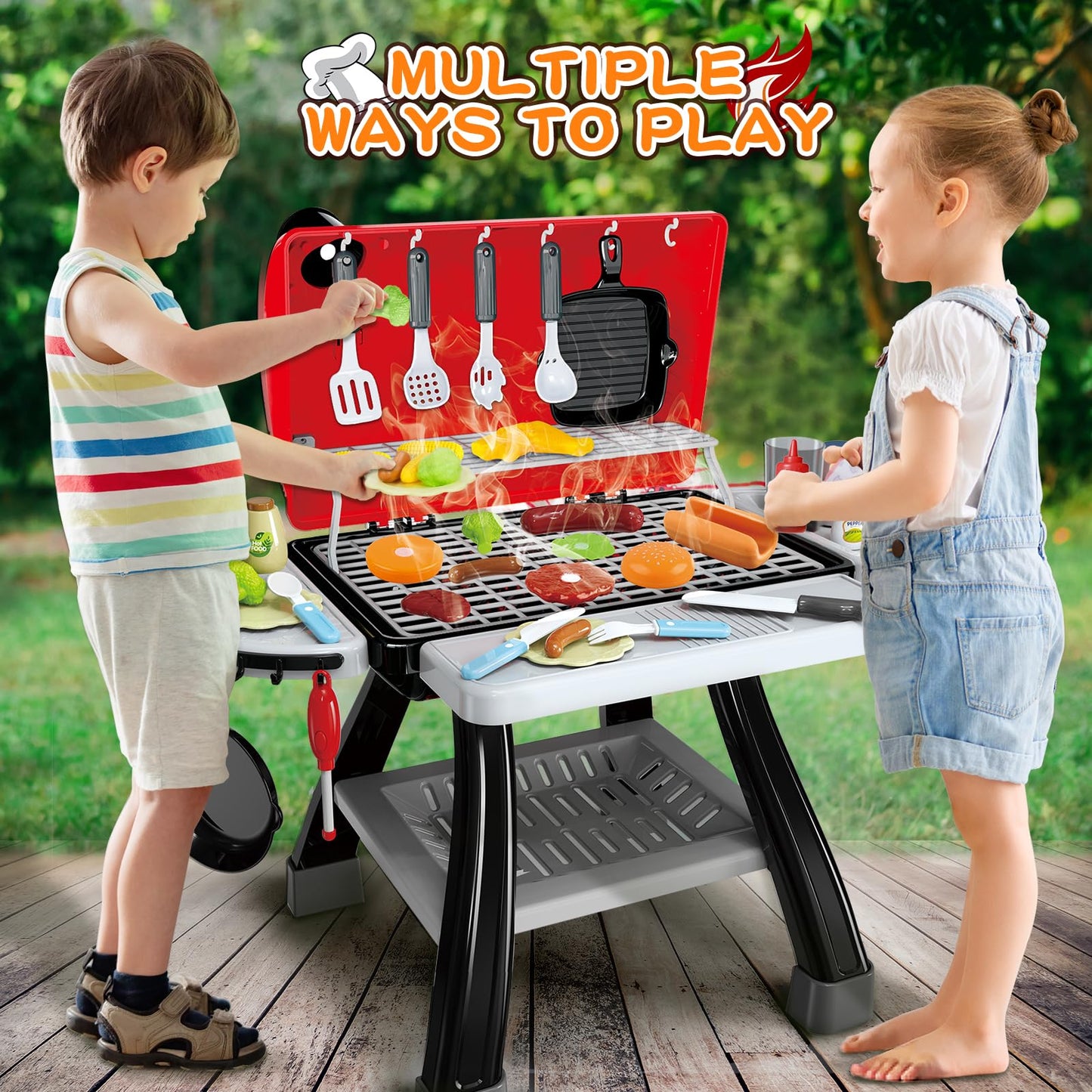 Bstoyder Kids Play Kitchen Toys, Kids BBQ Grill Kitchen Playset with Smoke, Sound & Light, Pretend Play Food Toys Cooking Set, 2